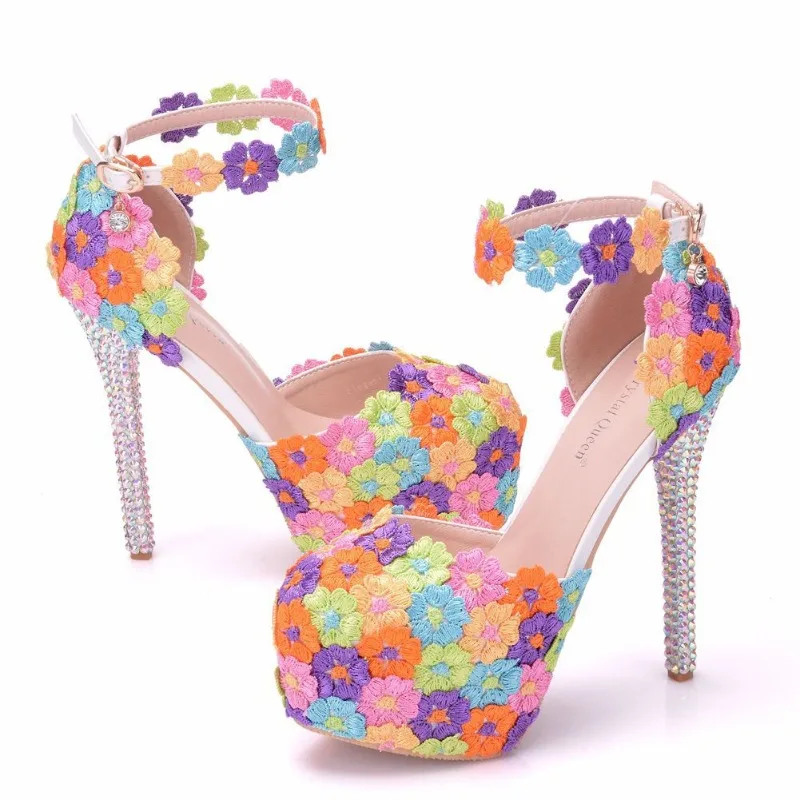 

Nude Shallow Mouth Women Pumps Flower Round Toe Buckle Strap PU 14CM Thin high heels Rhinestone Lady Wedding Women Shoe Colorful