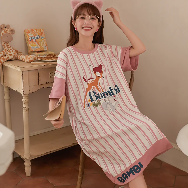 Disney Bambi Deer Ladies Cute Kawaii Cotton Night Dress Ladies O-neck Nightgown Nightdress Home Sleepwear Nightwear Summer 2022