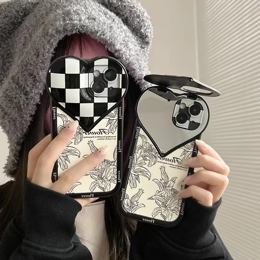 

Love Mirror Leather Series Pastoral Flower Fragments Phone Cases For iPhone 14 13 12 11 Pro Max Back Cover