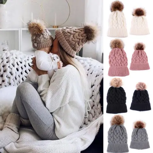 

2pcs Winter Warm Kept Knitted Parent-child Hat Family Beanie Ski Cap Set Cold Prevent Beanie Hats with Plush Ball шапка женская
