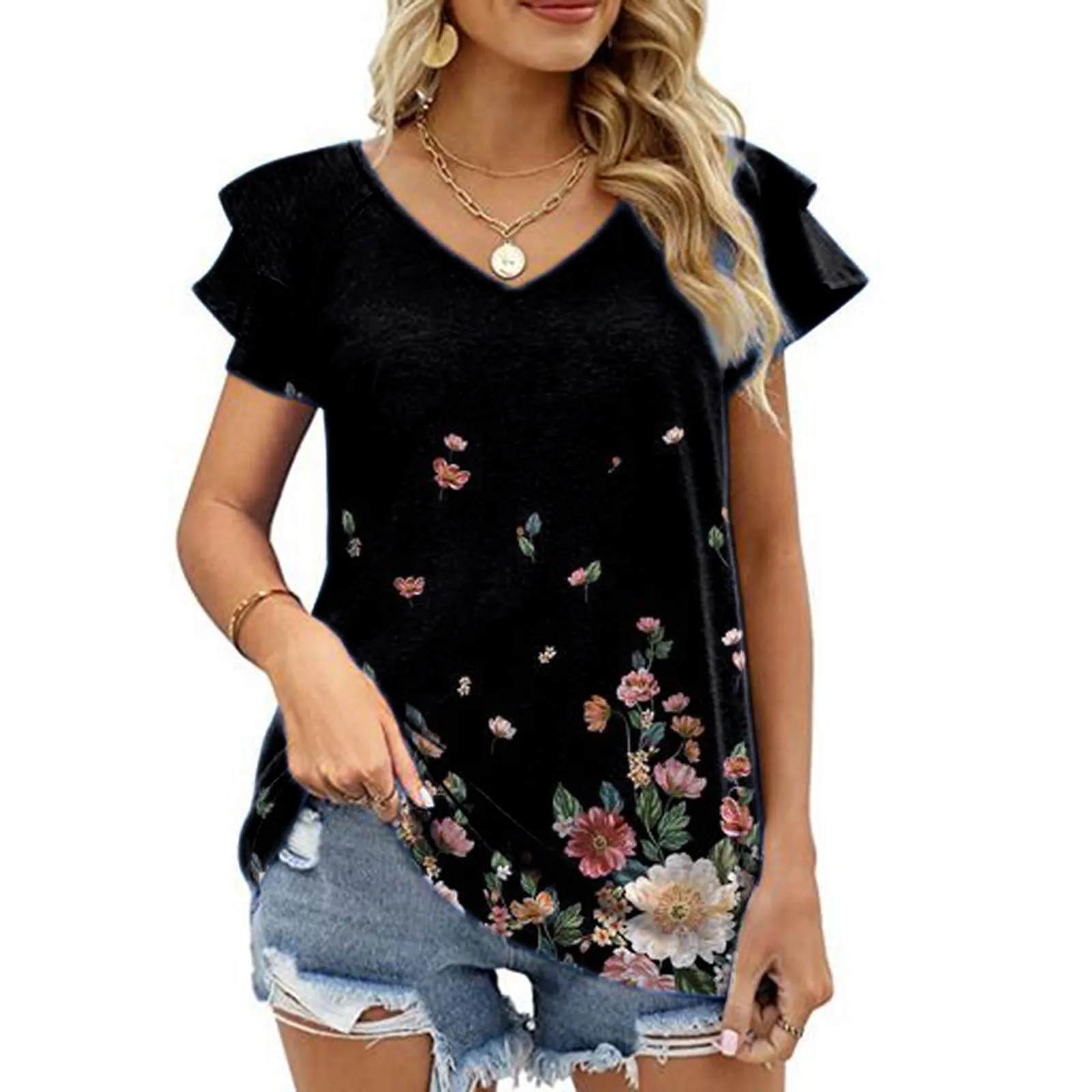 

Женская футболка с коротким рукавом и V-образным вырезом