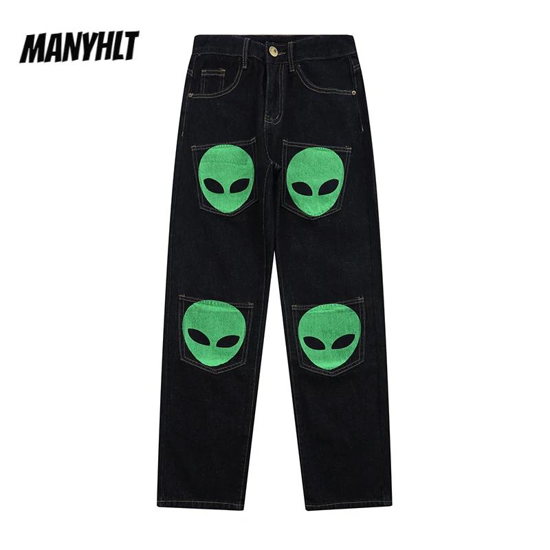 

Прямые потертые мужские джинсы Alien с принтом, повседневные джинсовые брюки свободного покроя в стиле ретро Vibe, парные брюки Y2k