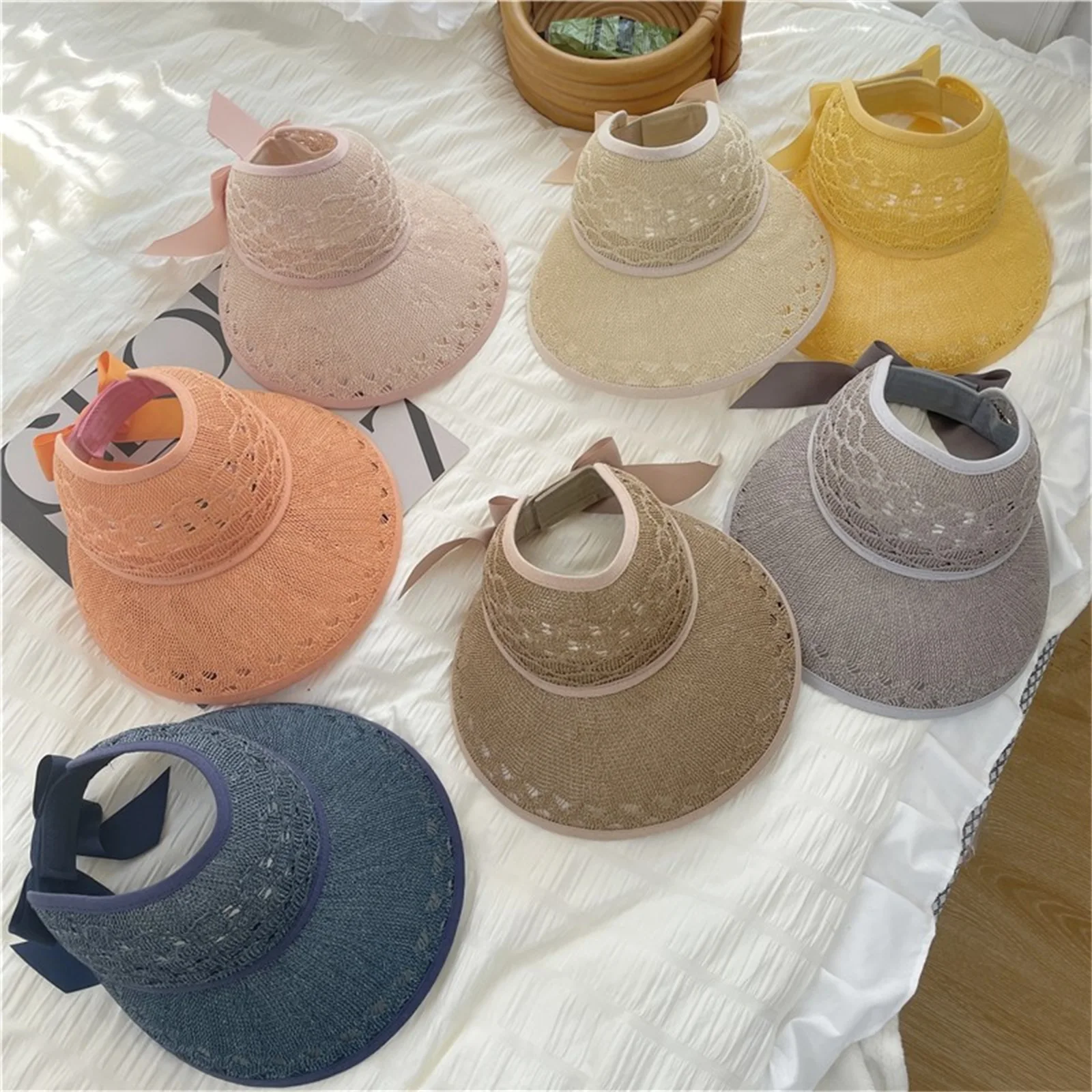 

Детская пляжная шапка для девочек, однотонная шляпа от солнца с широким верхом и бантом, 7 цветов