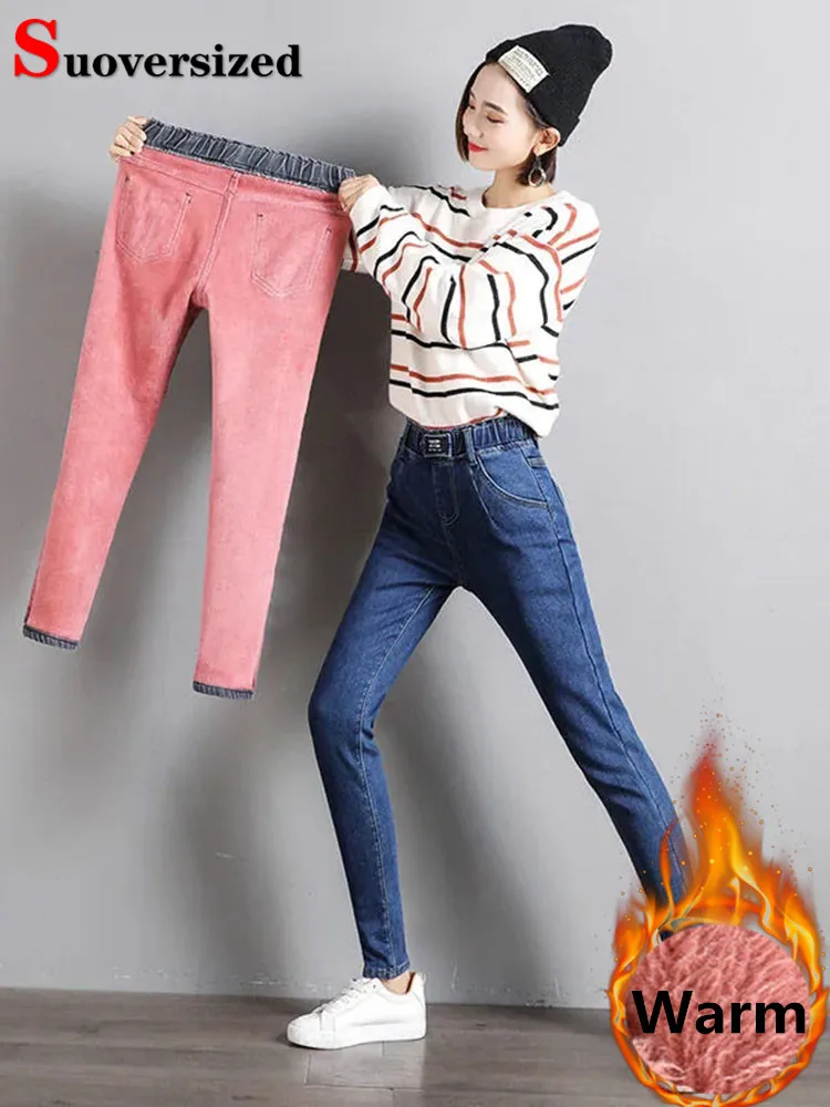 

Slim Velvet Lined Jeans Pencil Pants Women Winter Plush Elastic High Waist Vaqueros Pantalones Warm Thicken Stretch Denim Broek