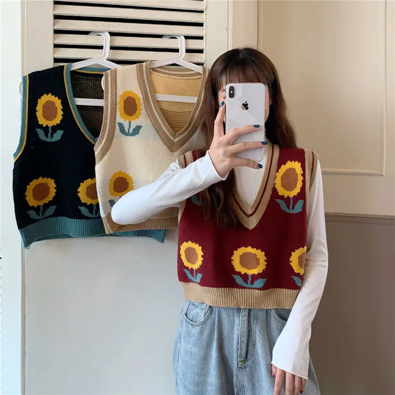 

Sunflower Spring Fall V-neck Korea Chic Girls Sweater Vest Loose Knit Outer Wear Leisure Clothing Coat Top Cloth for Women Girl