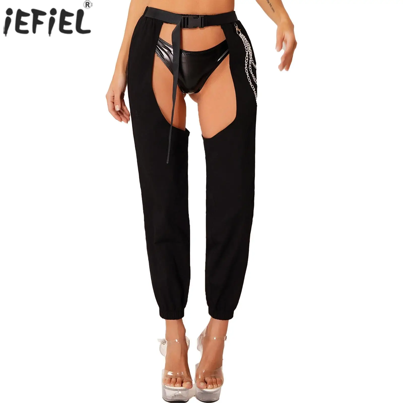 

Womens High Waist Pants Cutout Open Crotch Leggings Adjustable Buckle Metal Chain Fashion Trousers for Party Club Music Festival