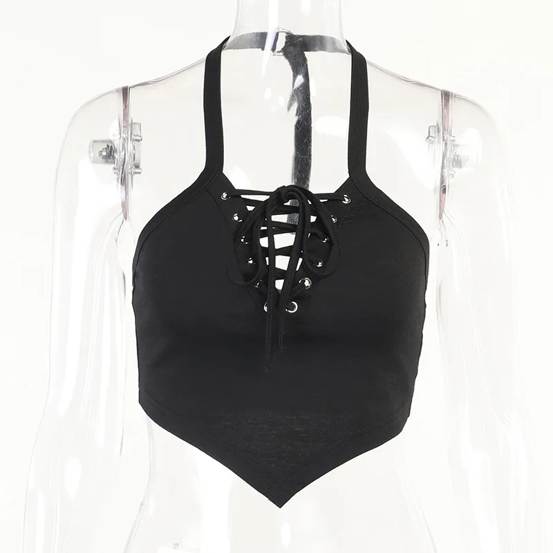 

Женский укороченный топ без рукавов, летний пикантный топ в стиле панк с открытой спиной и лямкой на шее, Y2k, одежда для езды на мотоцикле, жен...