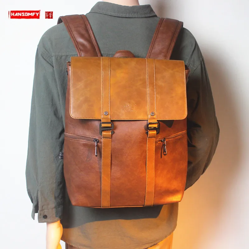 

Soft Leather Backpack Youth Men's Trendy Casual Travel Backpack Large Capacity High School and College Student Schoolbag Fashion