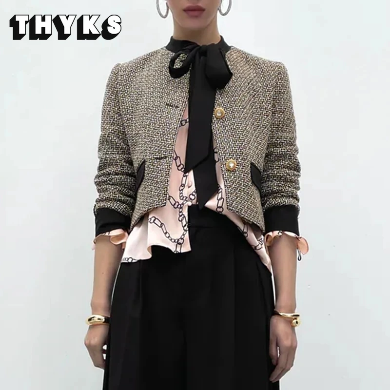 

Bow Tweed Blazer Women Vintage Cropped Rhinestone Button Jacket Elegant Office Lady Long Sleeve Suit Chic Ladies Tops Trf 2022