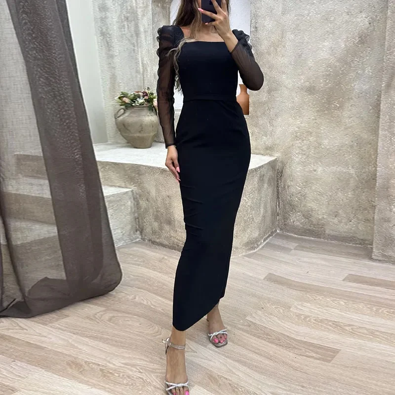 

Sexy See-through Pleat Sheer Bodycon Dresses Elegant Fashion Lady Party Dress Women Clothing Long-Sleeve Slim Fit Hip Long Dress