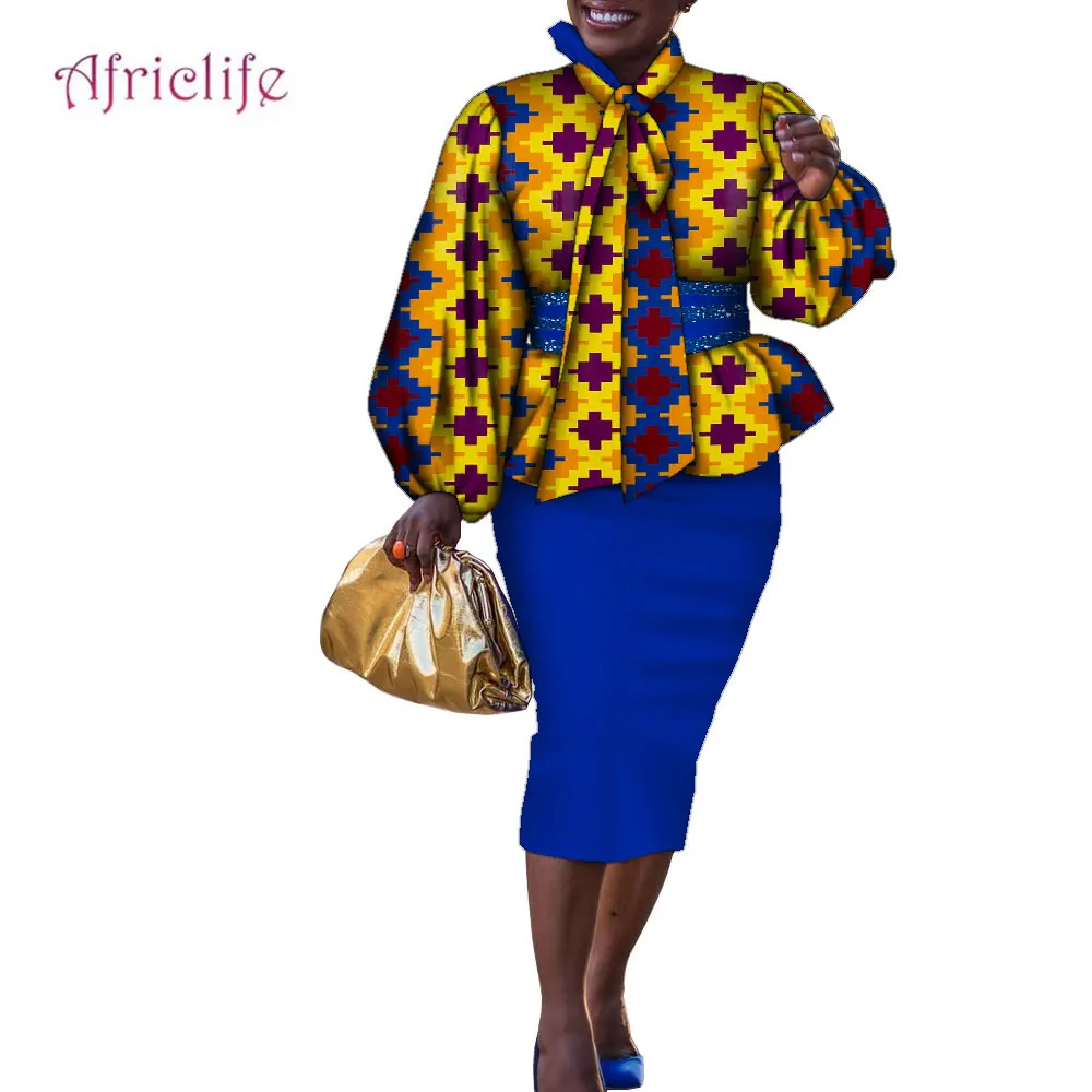 

African Clothes 2 Pieces Skirt Set for Women Tie Bow Lantern Long Sleeve High Waist Top and Hip Cover Knee Skirt Lady WY9863