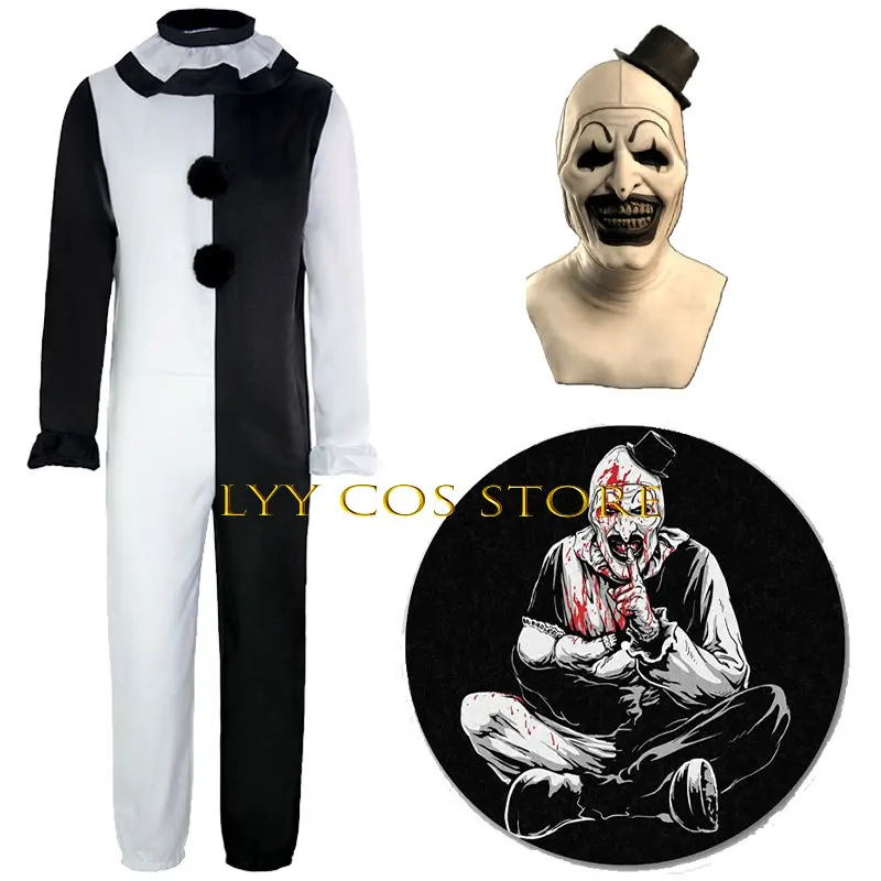 

Movie Terrifier Clown Joker Cosplay Costume Bodysuit Unisex Halloween Horror Mask Black White Jumpsuit Bodysuit Scarf Suit