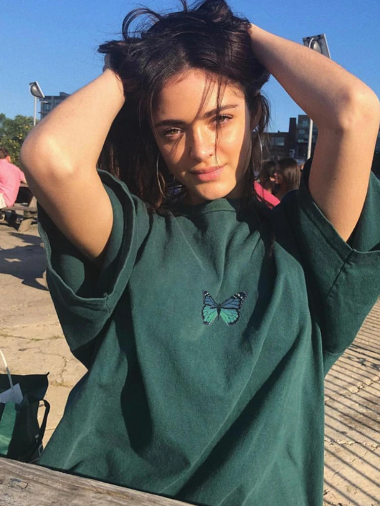 

Women T-shirt Summer Butterfly Embroidery Solid Color Short-sleeved T-shirt Women Loose Top