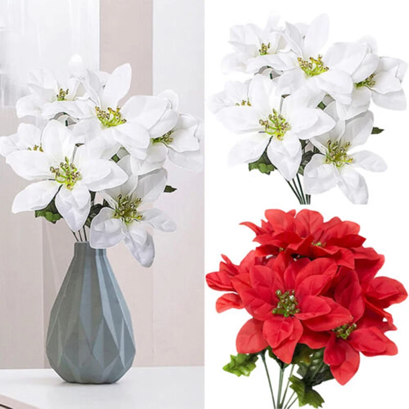 

Fake Flower Silk Artificial Bush Bouquet 7 Heads Poinsettia Shrubs Flowers Christmas Decoration Red Christmas Tree Ornament