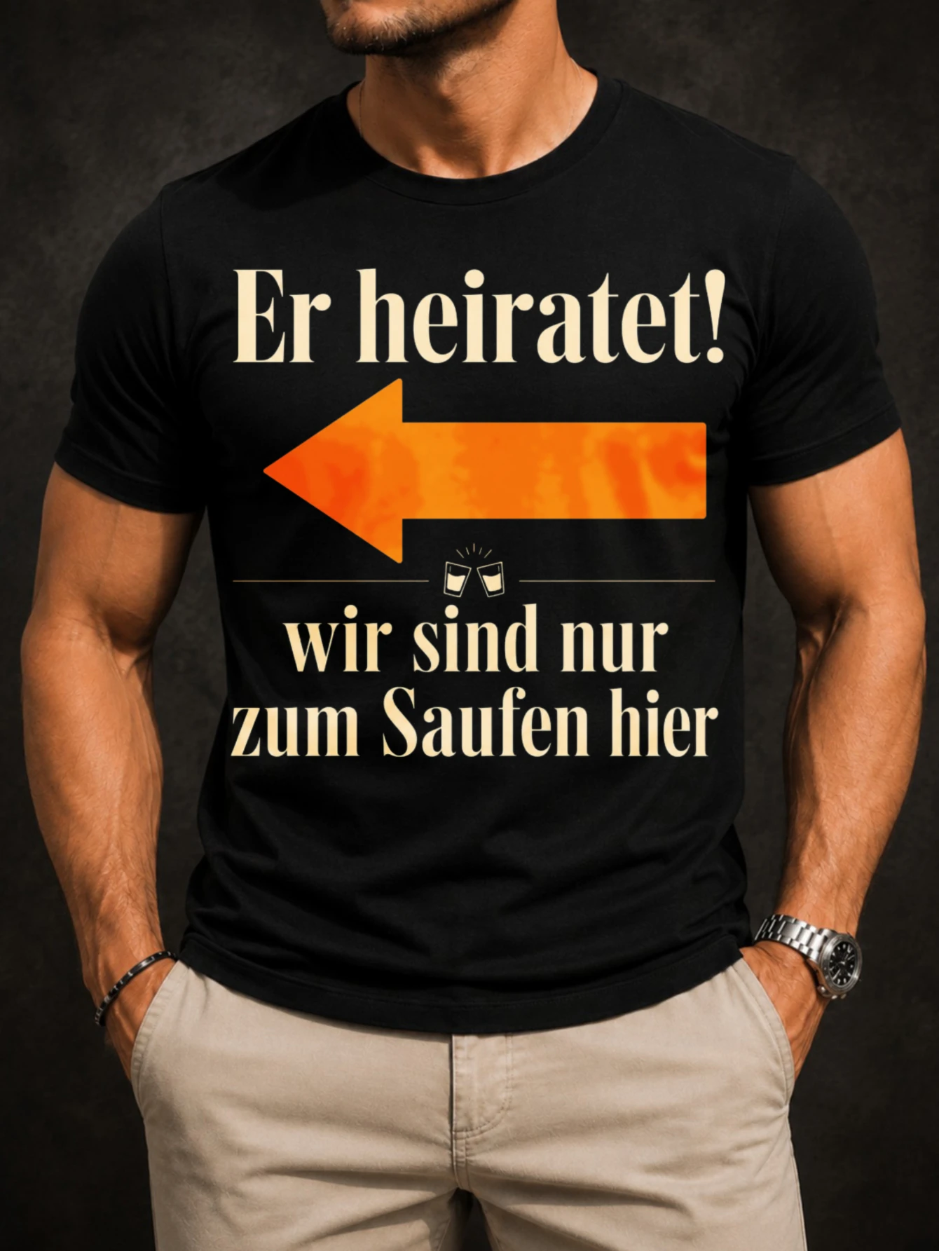 Фото Футболка унисекс с надписью «Er Heiratet» с огромной оранжевой стрелкой и цитатой на немецком языке в стиле serif. №1