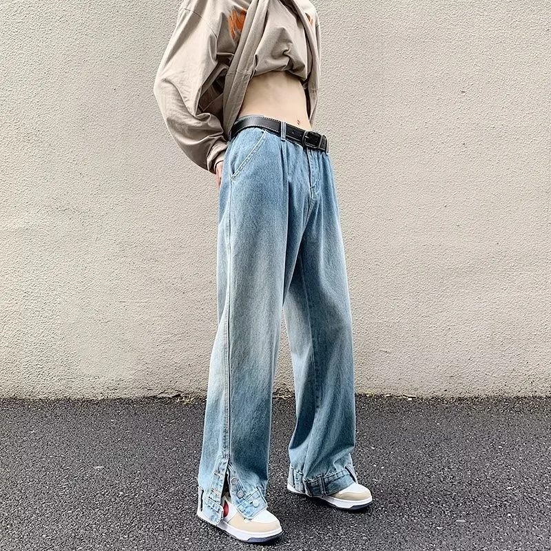 Brown Blue Baggy Jeans Men Fashion Retro Straight Jeans Mens Japanese Streetwear Hip Hop Loose Wide Legs Denim Trousers Men