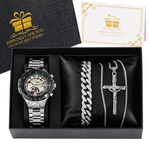 Роскошные мужские часы ожерелье Подарочный набор автоматические механические золотые часы браслет набор для мужчин наручные часы с римскими цифрами