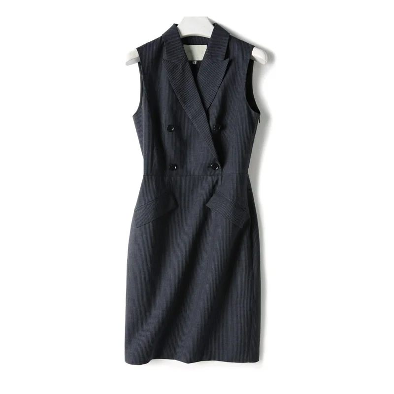 

Dress Wool Vest OL Notched Striped Double Breasted Woollen Dress Women's Pullover Sleeveless Midwaist Wool Blend Dress
