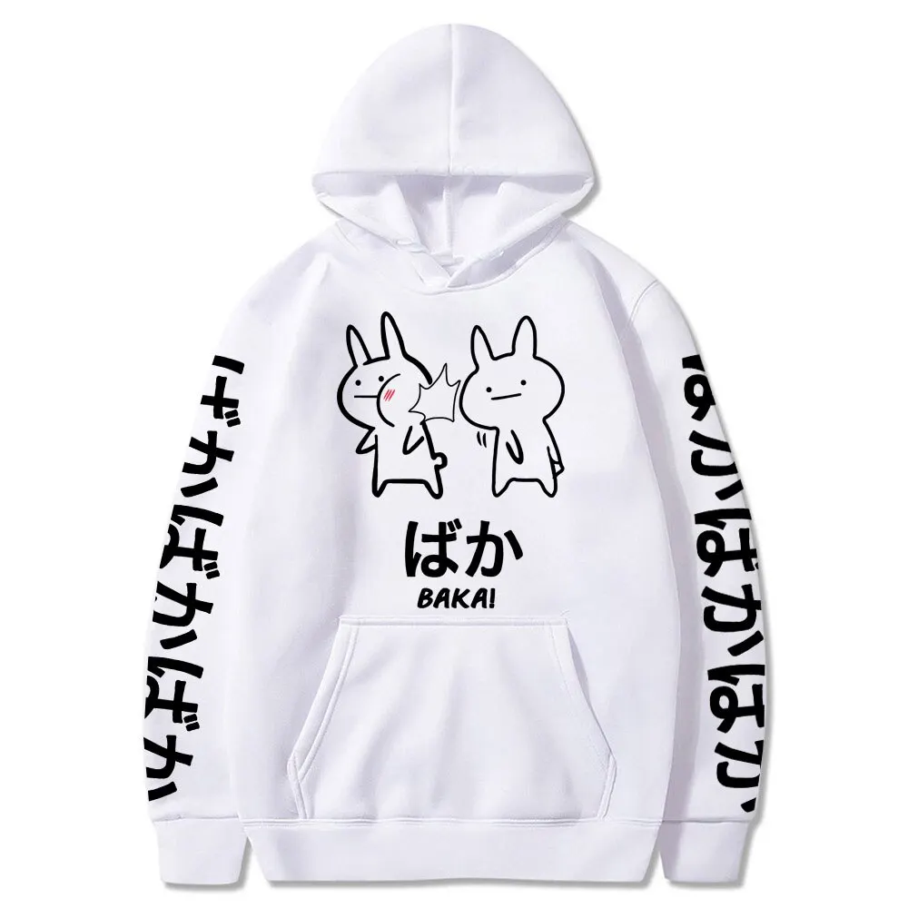 

Японские толстовки с капюшоном с изображением аниме Baka Rabbit Slap, забавная Милая уличная одежда для мужчин и женщин, свитшоты в стиле Харадзюку...