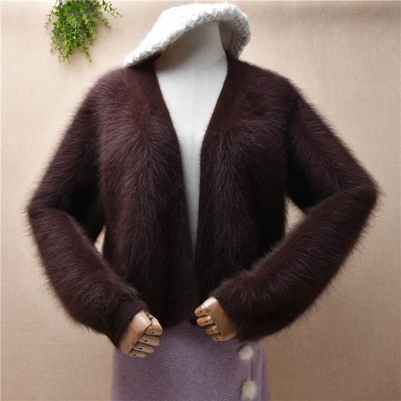 

Female Women Fall Winter Brown Hairy Mink Cashmere Knitted Short Style Loose Cardigan Mantle Angora Fur Coat Sweater Pull Tops