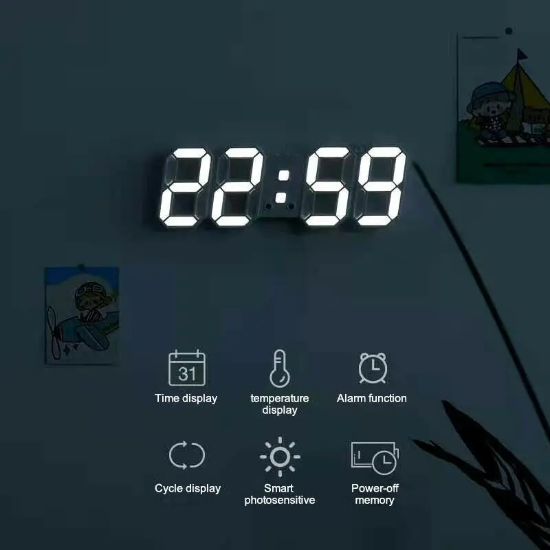 

3D LED Digital Alarm Clocks Wall Lamp Display Time/Date/Temperature Snooze Desktop Table Clock Home Decor