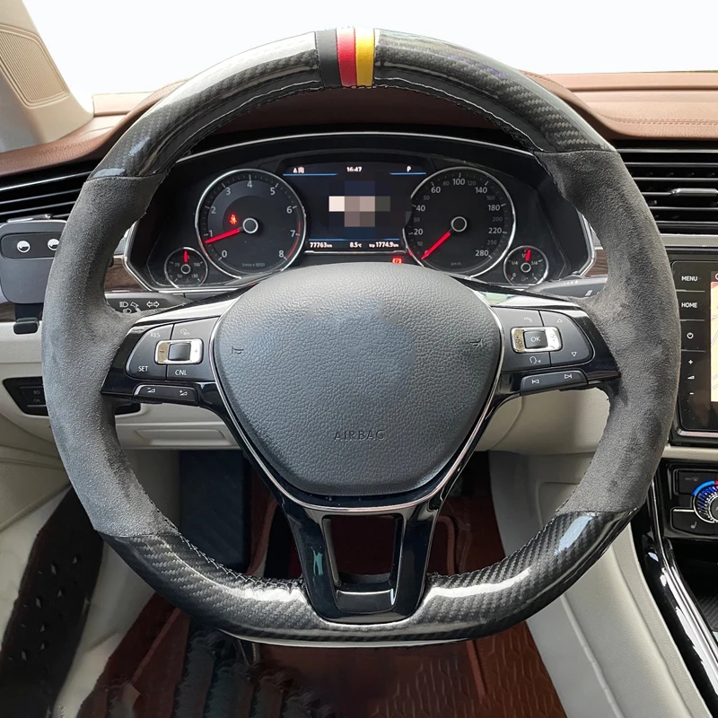 

For Volkswagen Golf 7 Mk7 Passat B8 DIY Hand-stitched Black Suede Carbon Fiber Car Steering Wheel Cover