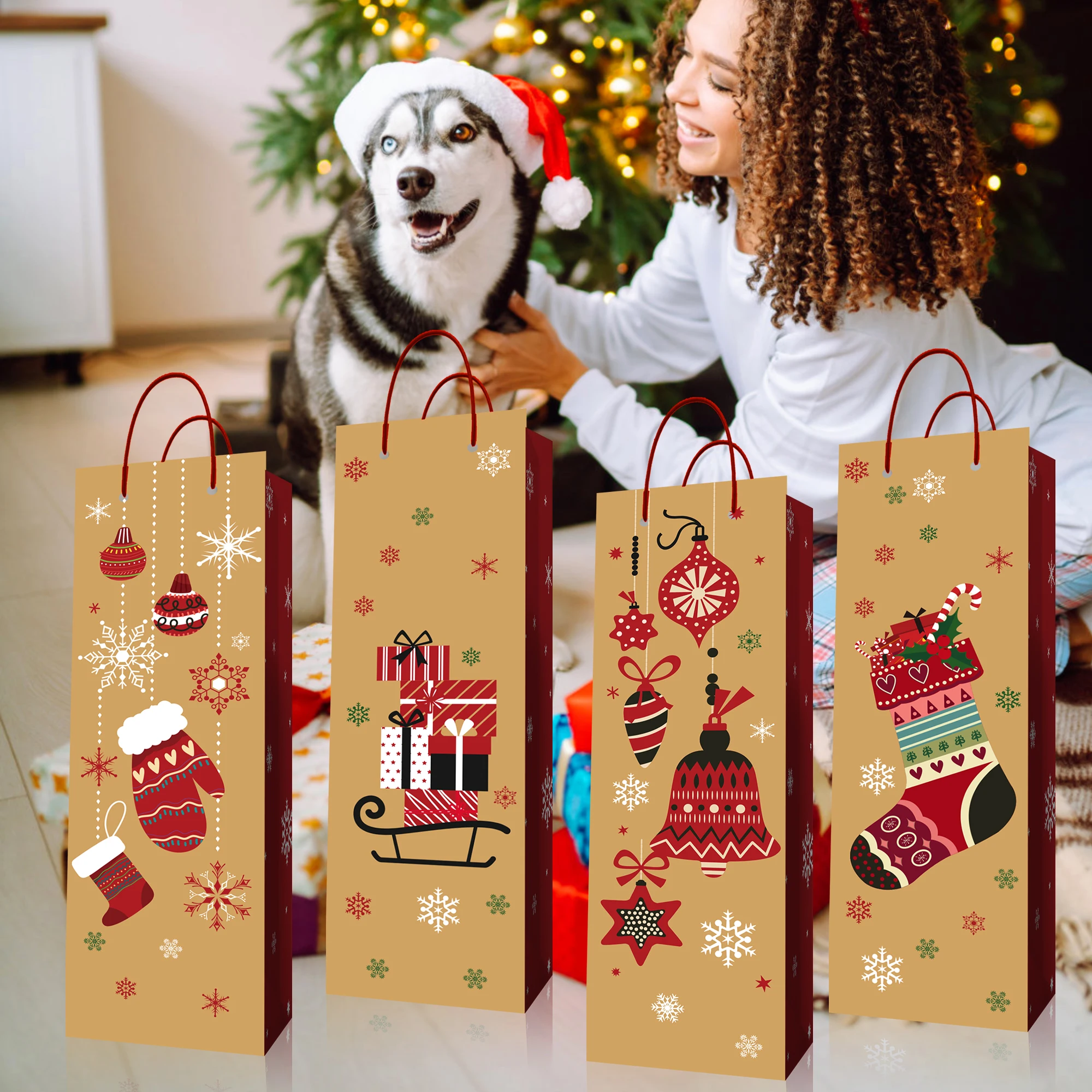 

HJ007 4pcs 2023 Merry Christmas Party Red Wine Packing Kraft Paper Boxes Whiskey Beer Champagne Decorating Gift Wine Bags