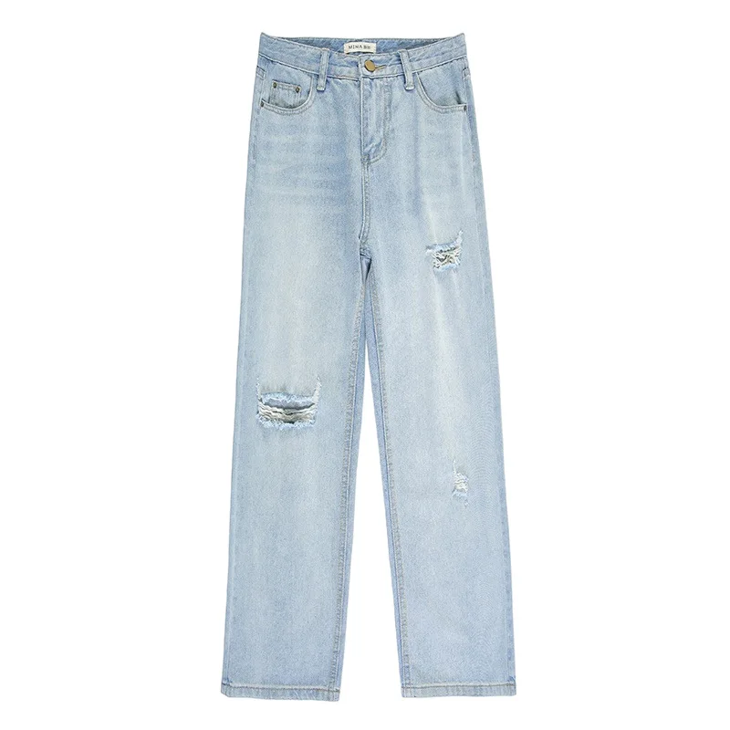 Loose wild wide-leg pants 2023 spring and summer new Korean fashion straight trousers high waist ripped jeans women