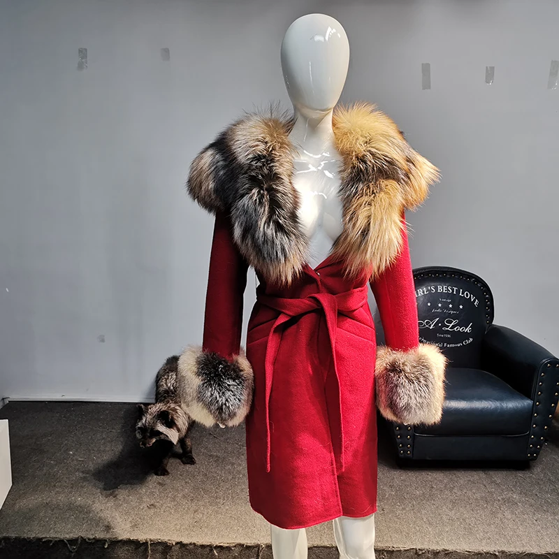 Natural Fox Fur Collar Patchwork Woolen Jacket Women Winter Fashion Straight Belt Outertwear Casaul Luxury Wool Coat Female