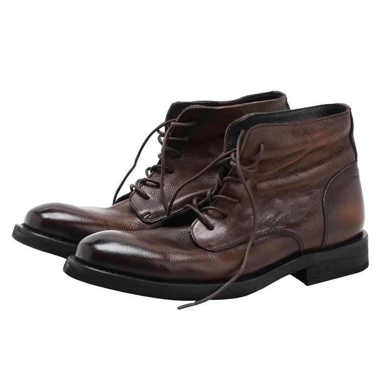 

British Retro Handmade Old Style Leather Short Boots Street Short Boots Handmade Round Head Trend Cowhide Martin Boots Male Shoe