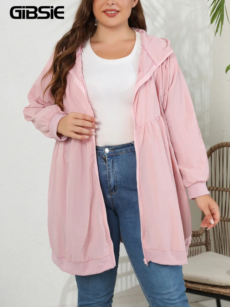 

GIBSIE Plus Size Womens Casual Long Jackets 2023 Spring Autumn Fashion Loose Drawstring Hooded Long Sleeve Zip Up Coat Outwear