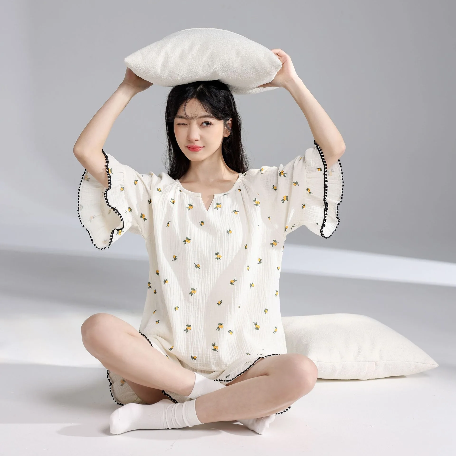 Pajamas Women's Summer Thin Crepe Cotton Short Sleeve Shorts Japanese Home Suit Two Piece Loose Sleepwear Dress Nightgown