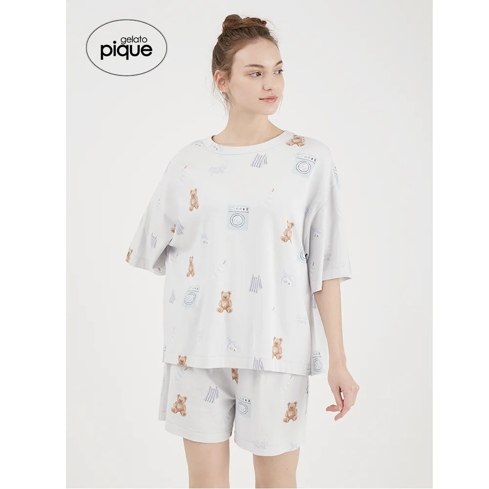 

Room Wear Gelato Pique Summer New Women's Pajamas Antibacterial Refreshing Bear Short Sleeve T-shirt Sleep