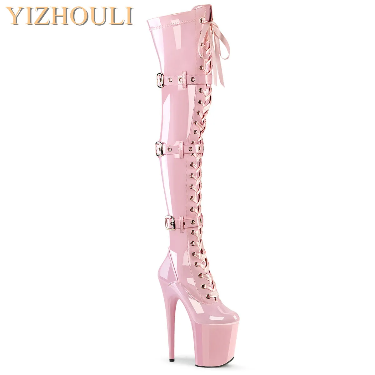 Pink 12-23cm high heels, buckle size adjustment, round head dancer fashion sexy runway performance, to thigh boots