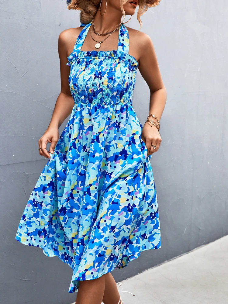 

New Sleevless Slim High Waist Vintage Dress Ladies Temperament Commuter Dress Vestidos 2022 Halter Print Women Long Summer Dress