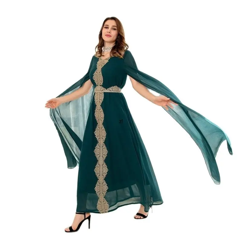 Fashion Women Muslin Dress Mid-east Dubai Jalabla Bat Sleeve Printing Patchwork V-neck Pullover Elegant Ladies Dress For Summer