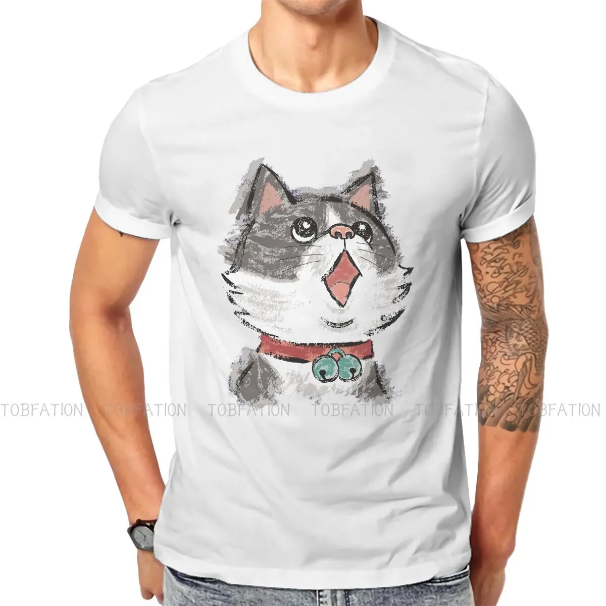 

Meme Design TShirt for Men Cat Wearing Bells Humor Leisure Tee T Shirt High Quality Trendy Loose