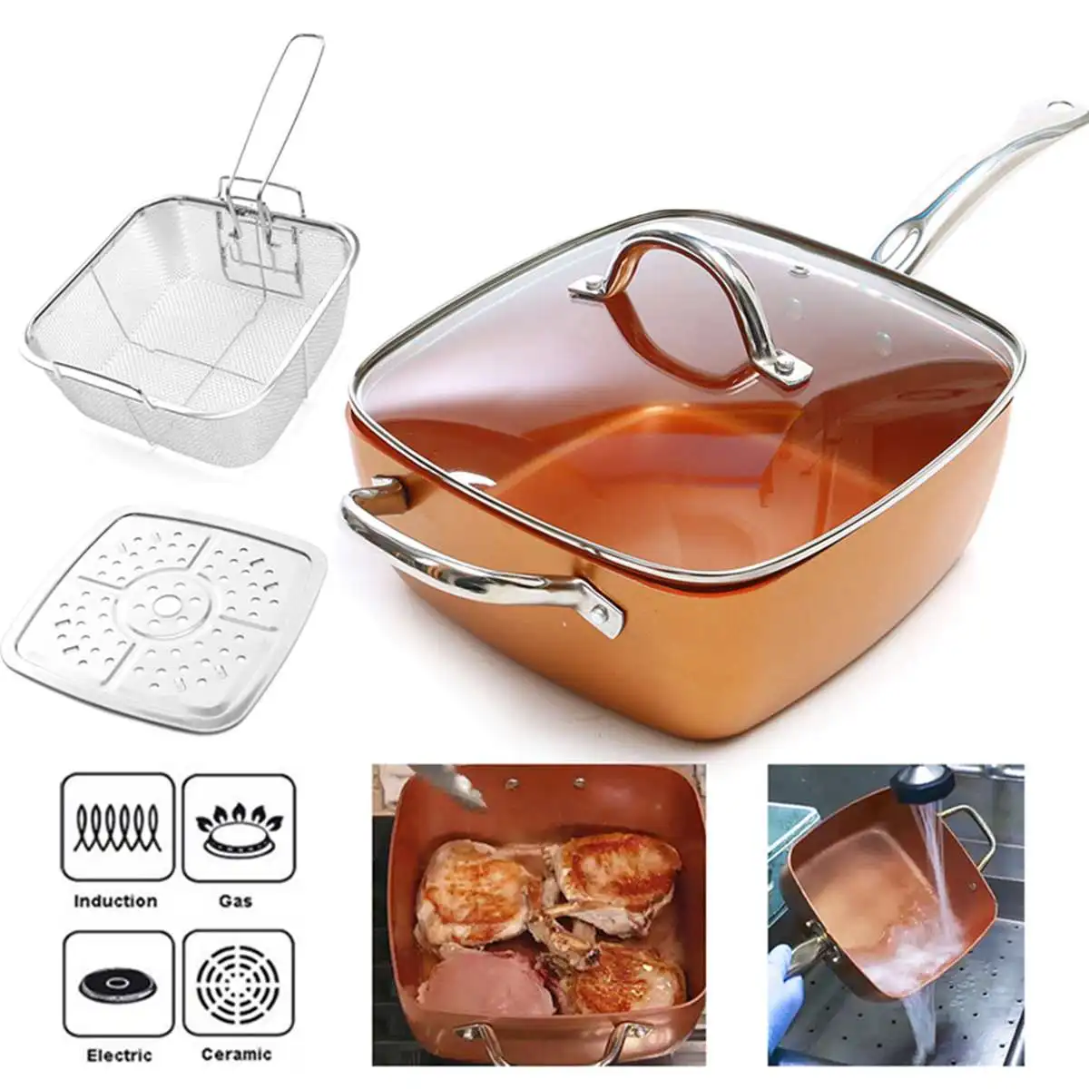 Copper Square Pan Induction Chef Glass Lid Fry Basket Steam 