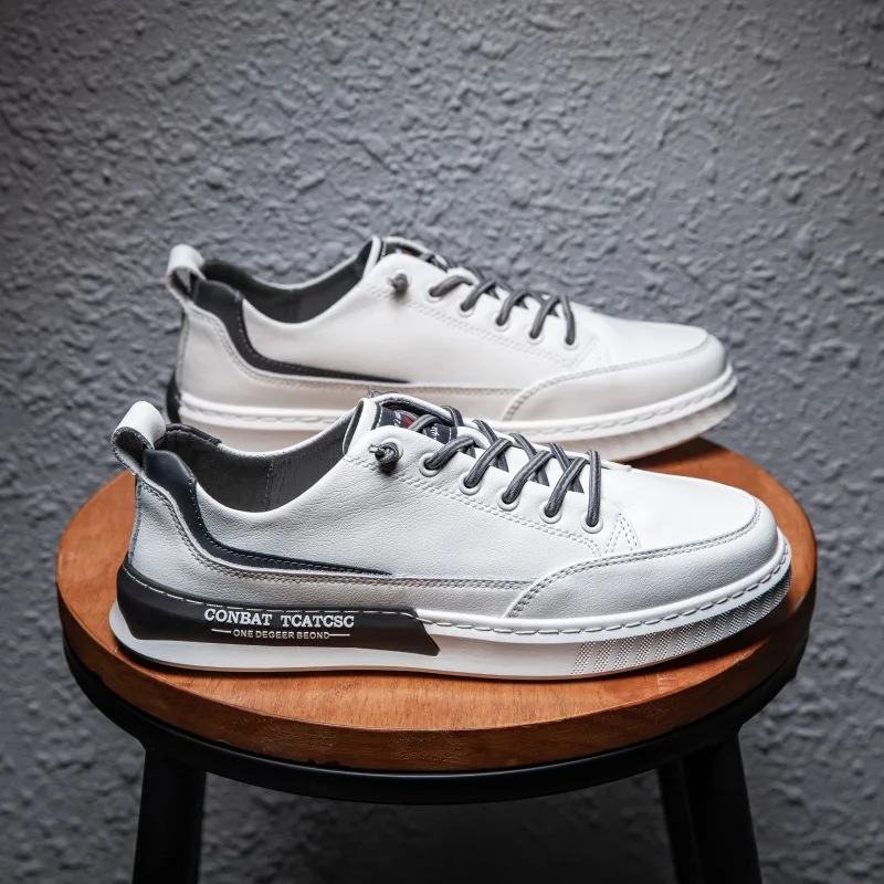 

100% Genuine Leather Mens Casual Shoes Cool Young Man Street Style Cow Leather Brand Male Footwear Black White Shoes A4445