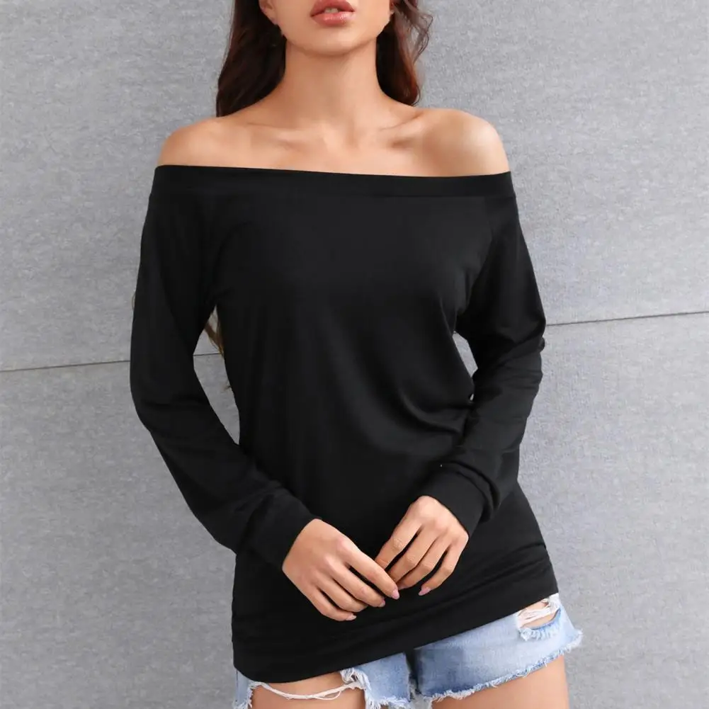 

Simple Women T-shirt Slash Neck Comfy Autumn Off Shoulder Long Sleeve T-shirt