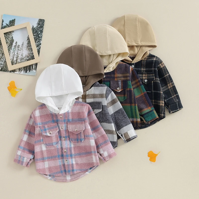 

Toddler Kids Baby Boys Autumn Casual Hooded Coat Long Sleeve Button Down Plaid Outerwear with Pockets