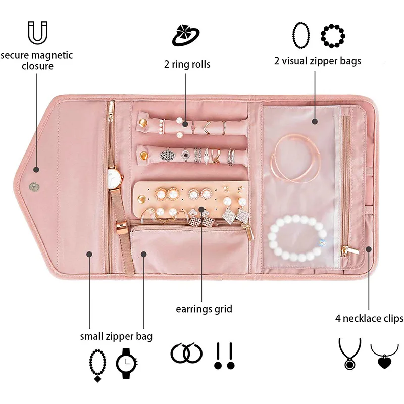 1Pcs Foldable Jewelry Case Roll Travel Jewelry Organizer Portable Journey Earrings Rings Diamond Necklaces Brooches Storage Bag
