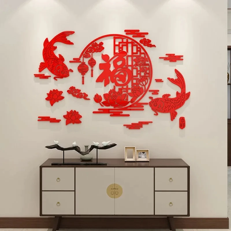 

Новогодняя настенная акриловая наклейка на карпа с изображением благоприятных облаков, украшение в китайском стиле, настенная наклейка, 3D стерео Наклейка на стену