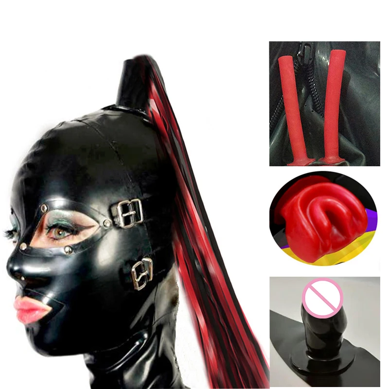 

sexy erotic club lingerie handmade latex hoods mask with eyes mouth cover teeth gag plug nose tube rubber ponytail tress wig zip