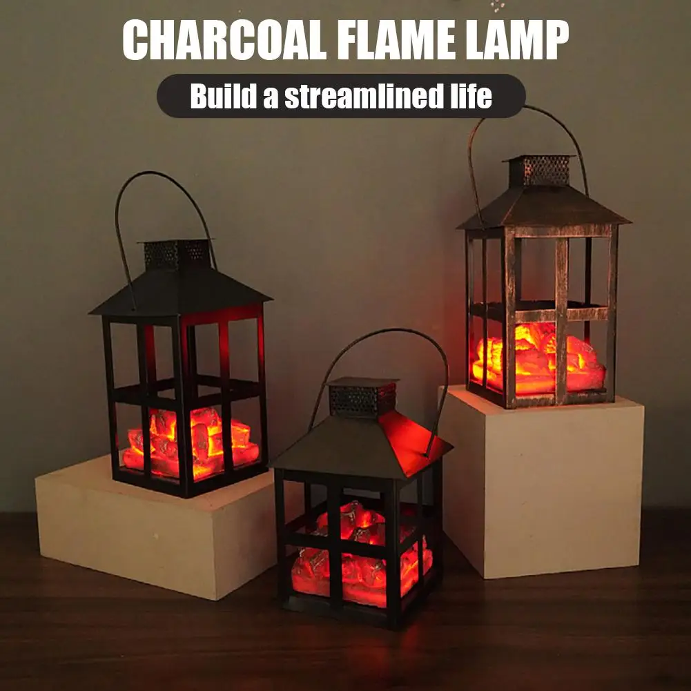 Realistic Charcoal Flame Lamp Led Retro Fireplace Lantern Ornaments For Christmas Halloween Decoration Room Decor Nightlights