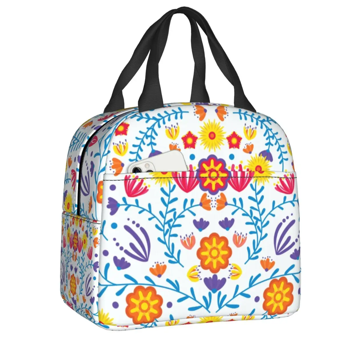 Colorful Mexican Flowers Insulated Lunch Bag Resuable Folk Floral Textile Art Cooler Thermal Lunch Tote Beach Camping Travel