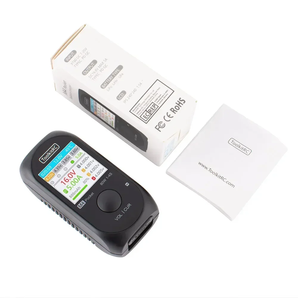 ToolkitRC M4 Pocket 80W 5A MINI Smart Charger XT30 XT60 Входной USB-C Входной/выходной зарядный прибор с IPS