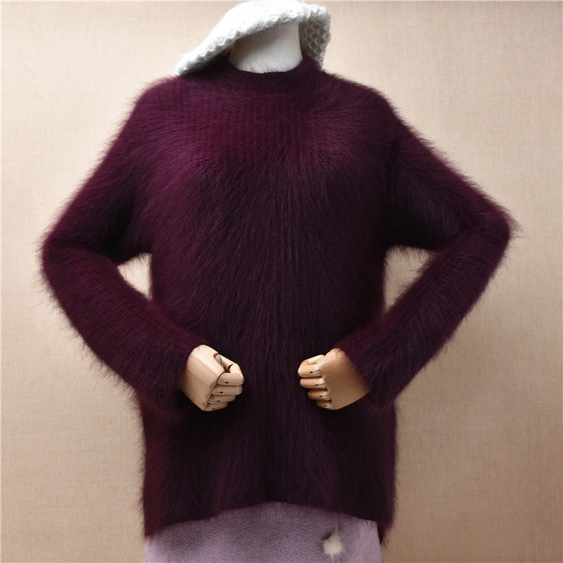 

Женская осенне-зимняя одежда, винный пушистый кашемировый вязаный пуловер из меха норки с круглым вырезом и разрезом, свободный джемпер из ангоры, свитер