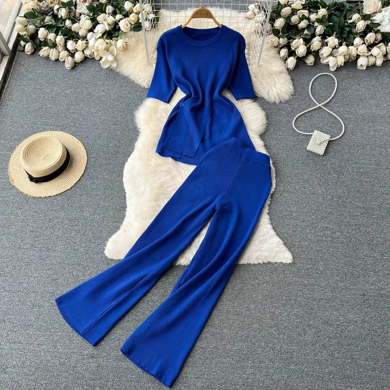 

Knitted Pants Suit Women's Summer Irregular Split Short-sleeved Tops with Solid High Waist Drape Wide Leg Trousers Two-piece Set