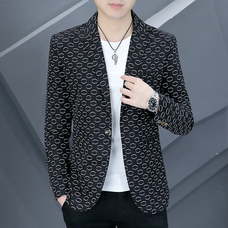 

Brand Spring Polka Dot Print Men Blazers Slim Fit Casual Suit Jacket Fashion Wedding Groom Business Dress Coat Blazer Masculino